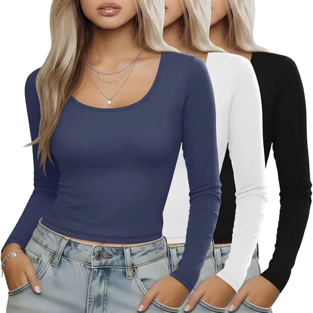 Women's Long Sleeve Shirts 3 Pack Cotton Polyester Spandex Slim Fit Casual Top
